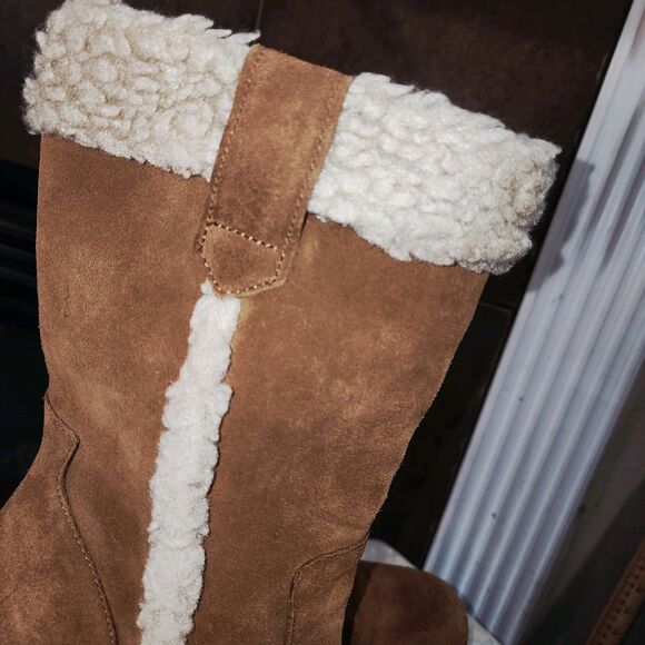 MIA Sz9 Y2K Tan Suede Faux Shearling Trim Retro Boho Hippie Wood Heel Clog Boots - Picture 5 of 11